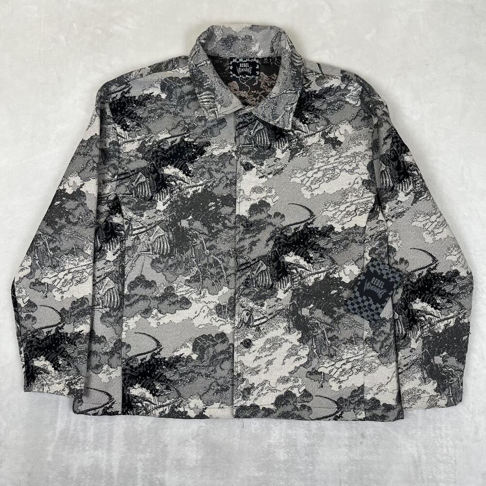 Rebel Vengeance Tapestry Jacket Mens Medium Gray Gothic Tapestry Skull Art